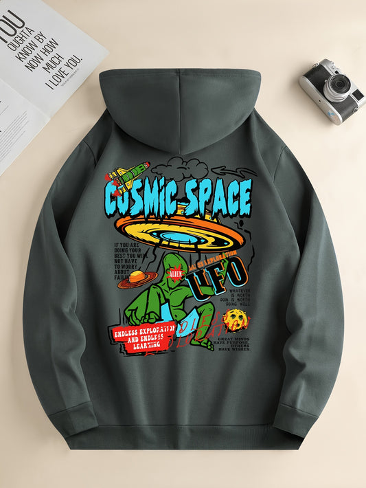 UFO & Alien Print Hoodie, Cool Hoodies For Men, Men's Casual Graphic Design Pullover Hooded Sweatshirt With Kangaroo Pocket Streetwear For Winter Fall, As Gifts