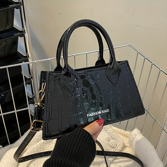 Solid Color Crocodile Pattern Satchel Bag, Top Handle Handbag For Women. Trendy Faux Leather Wallet