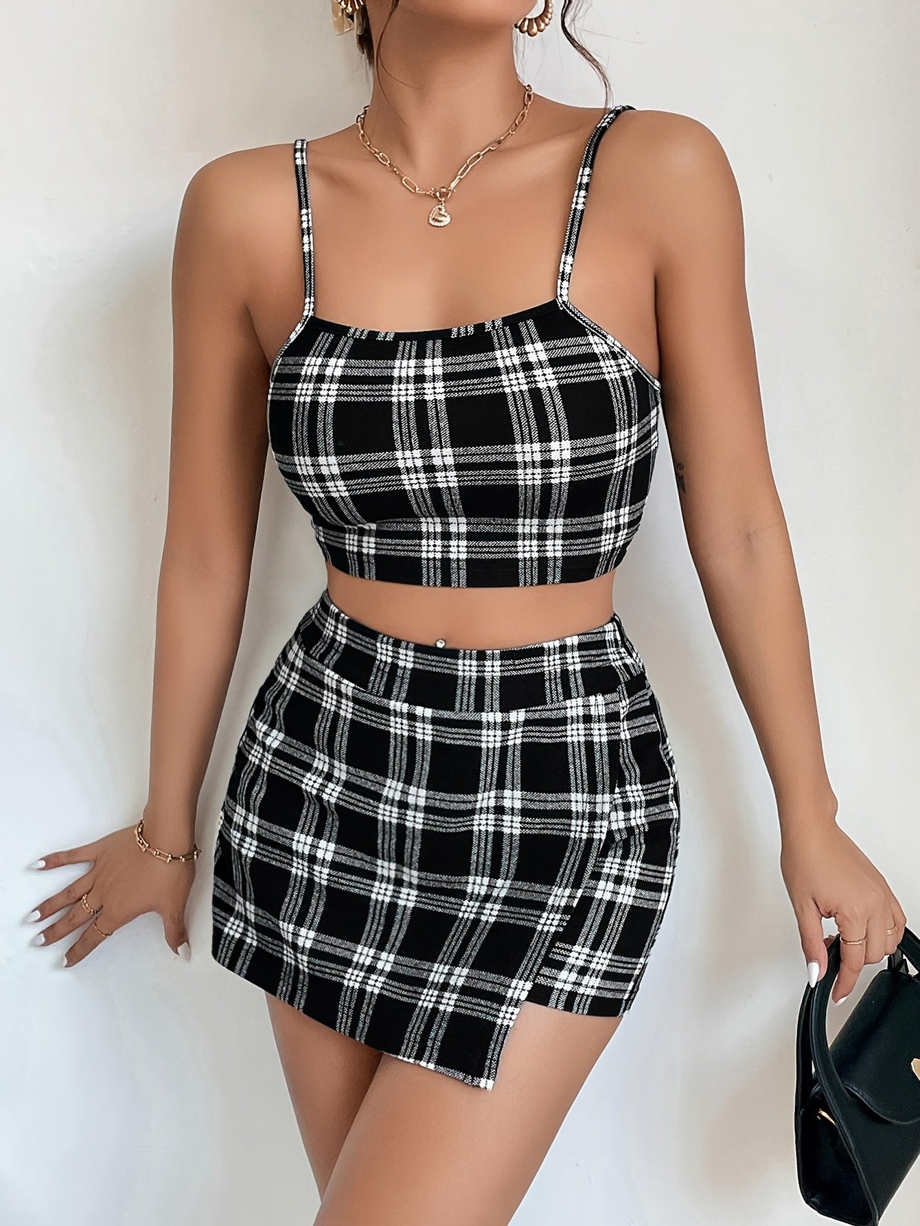 Plaid Print Summer Casual Two-piece Skorts Set, Crop Cami Top & Asymmetrical Hem Skorts Outfits, Women's Clothing