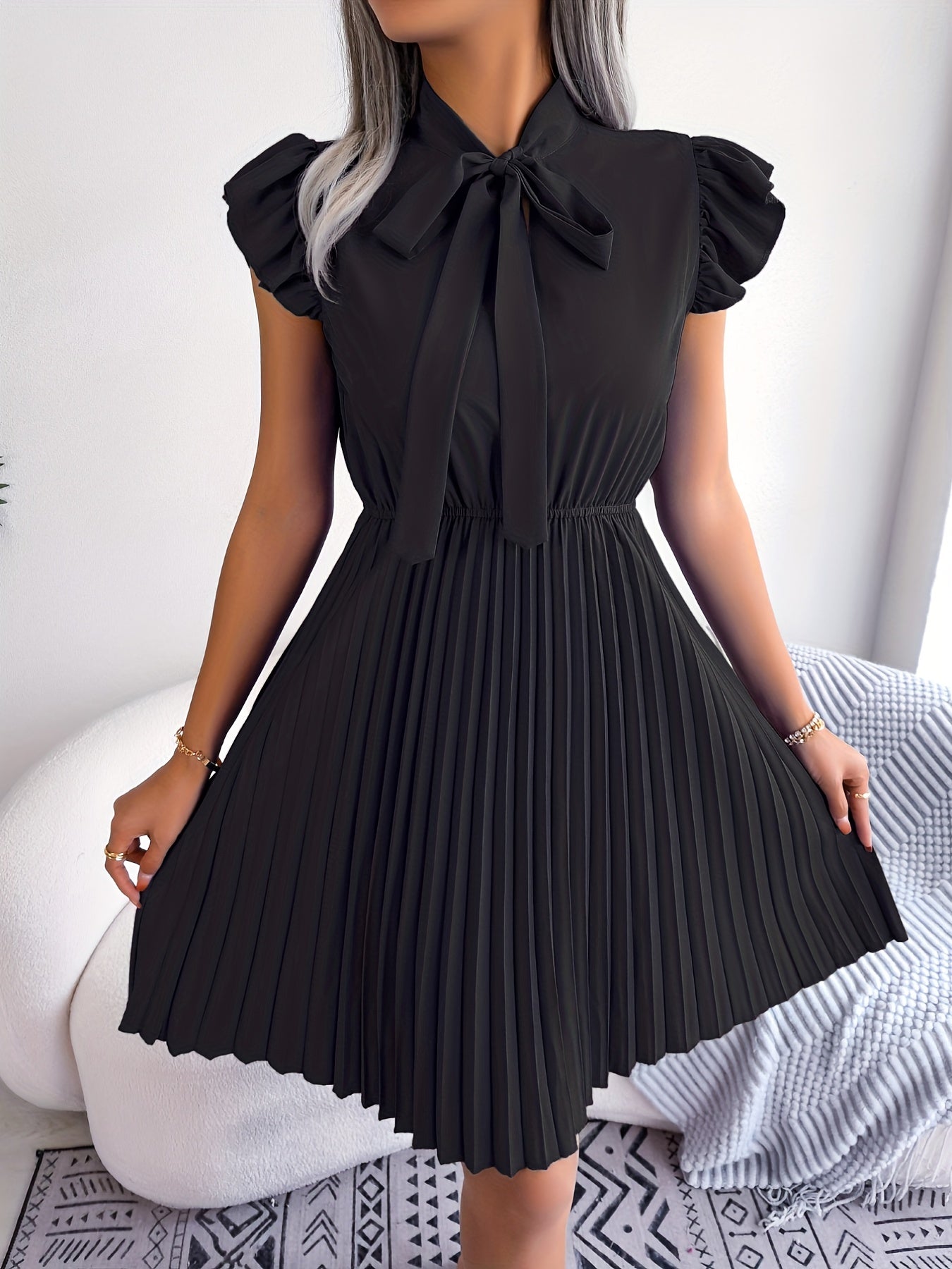 Solid Bow Tie Dress, Elegant Ruffle Trim Pleated Dress For Spring & Summer, Women's Clothing