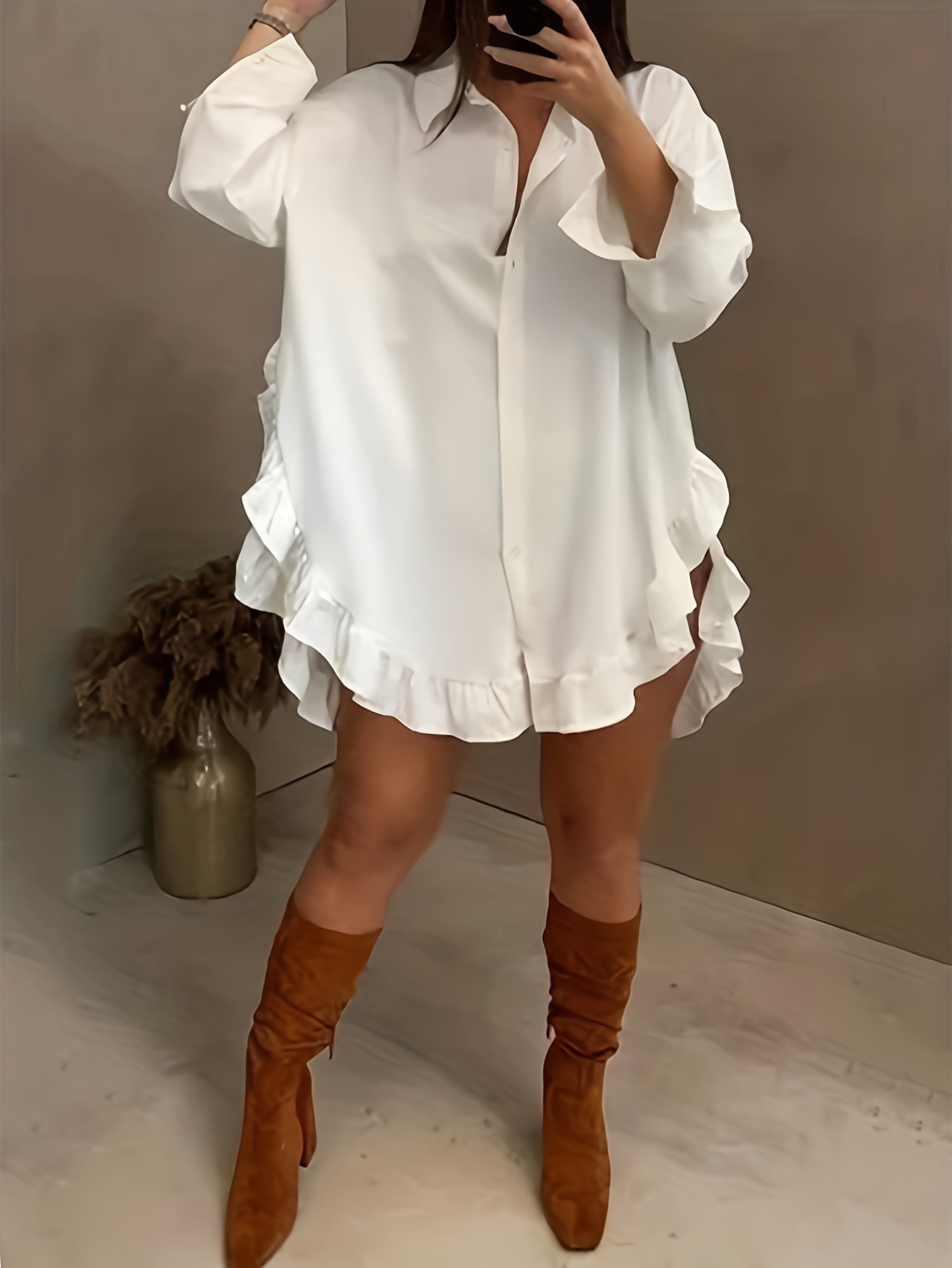 Ruffle Hem Button Front Blouse, Stylish Long Sleeve Blouse For Spring & Fall, Women's Clothing