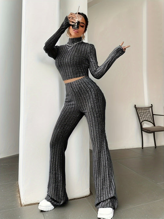 Ribbed Casual Two-piece Set, Mock Neck Long Sleeve Top & High Waist Pants Outfits, Women's Clothing