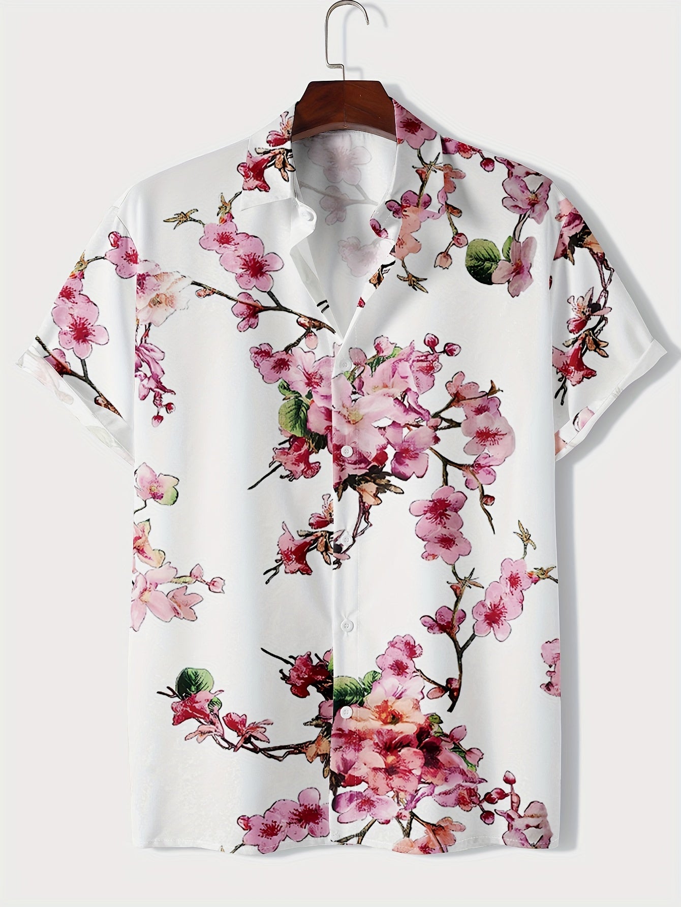 Plum Blossom 3D Print Men's Retro Casual Short Sleeve Lapel Shirt, Summer Holiday Top