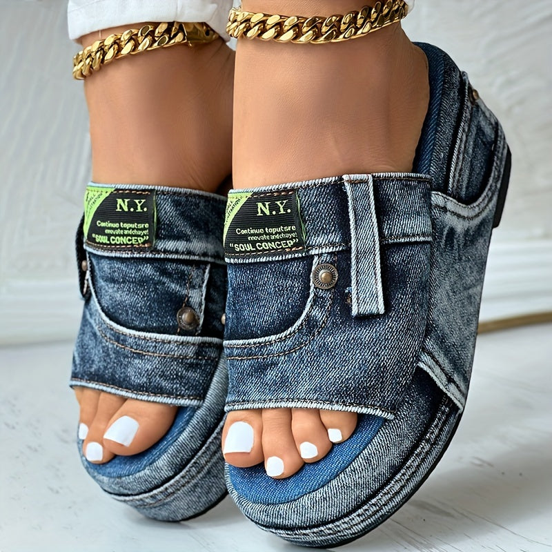 Women's Denim Platform Sandals, Fashion Open Round Toe Non Slip Slides, Outdoor Wedge Sandals