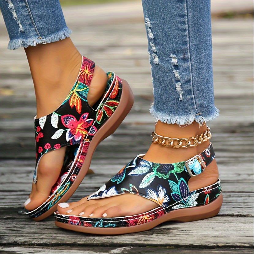 Women's Flower Pattern Wedge Sandals, Casual Clip Toe Platform Sandals, Comfortable Buckle Strap Summer Shoes