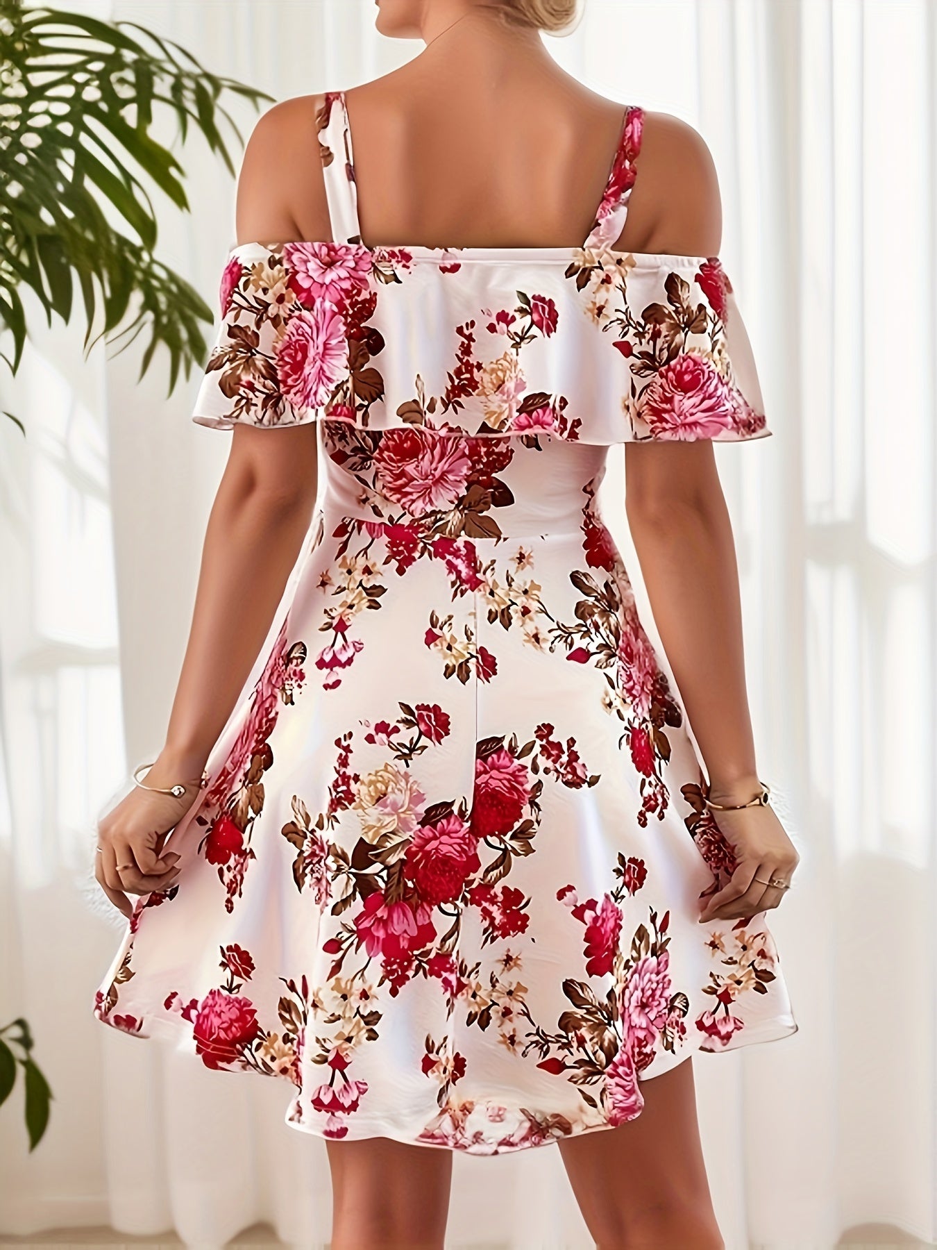 Floral Print Ruffle Hem Dress, Elegant Cold Shoulder Square Neck Backless Dress For Spring & Summer, Women's Clothing