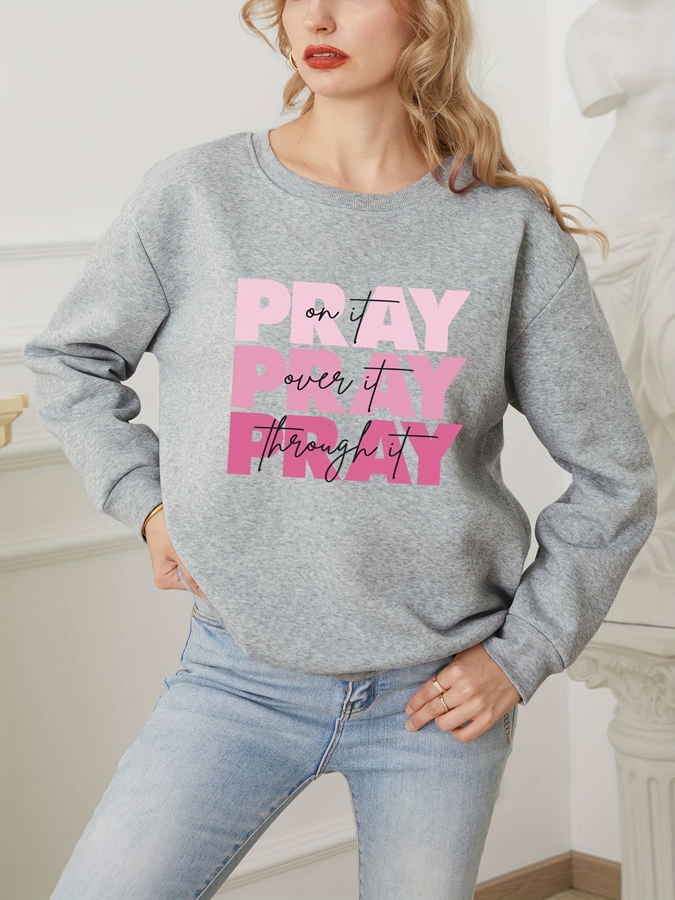 Pray Letter Print Thermal Sweatshirt, Long Sleeve Crew Neck Casual Sweatshirt For Spring & Fall, Women's Clothing