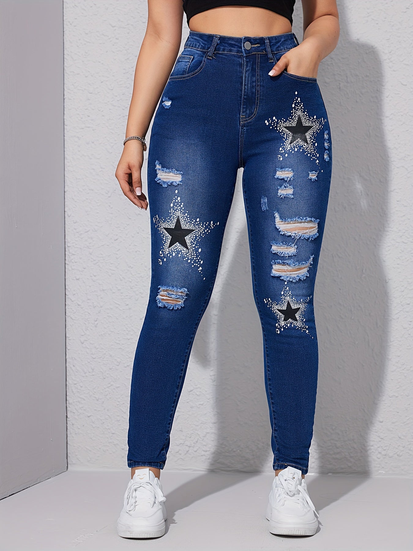 Star Pattern Ripped Holes Skinny Jeans, Stretchy Streetwear Denim Pants, Women's Denim Jeans & Clothing - Perfect For Carnaval Music Festival