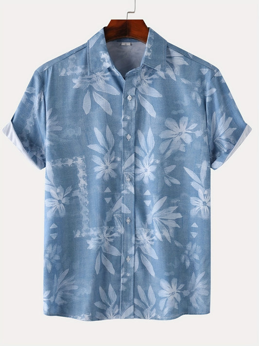 Leaf Pattern Hawaiian Shirt, Men's Casual Button Up Short Sleeve Shirt For Summer Beach Vacation Resort