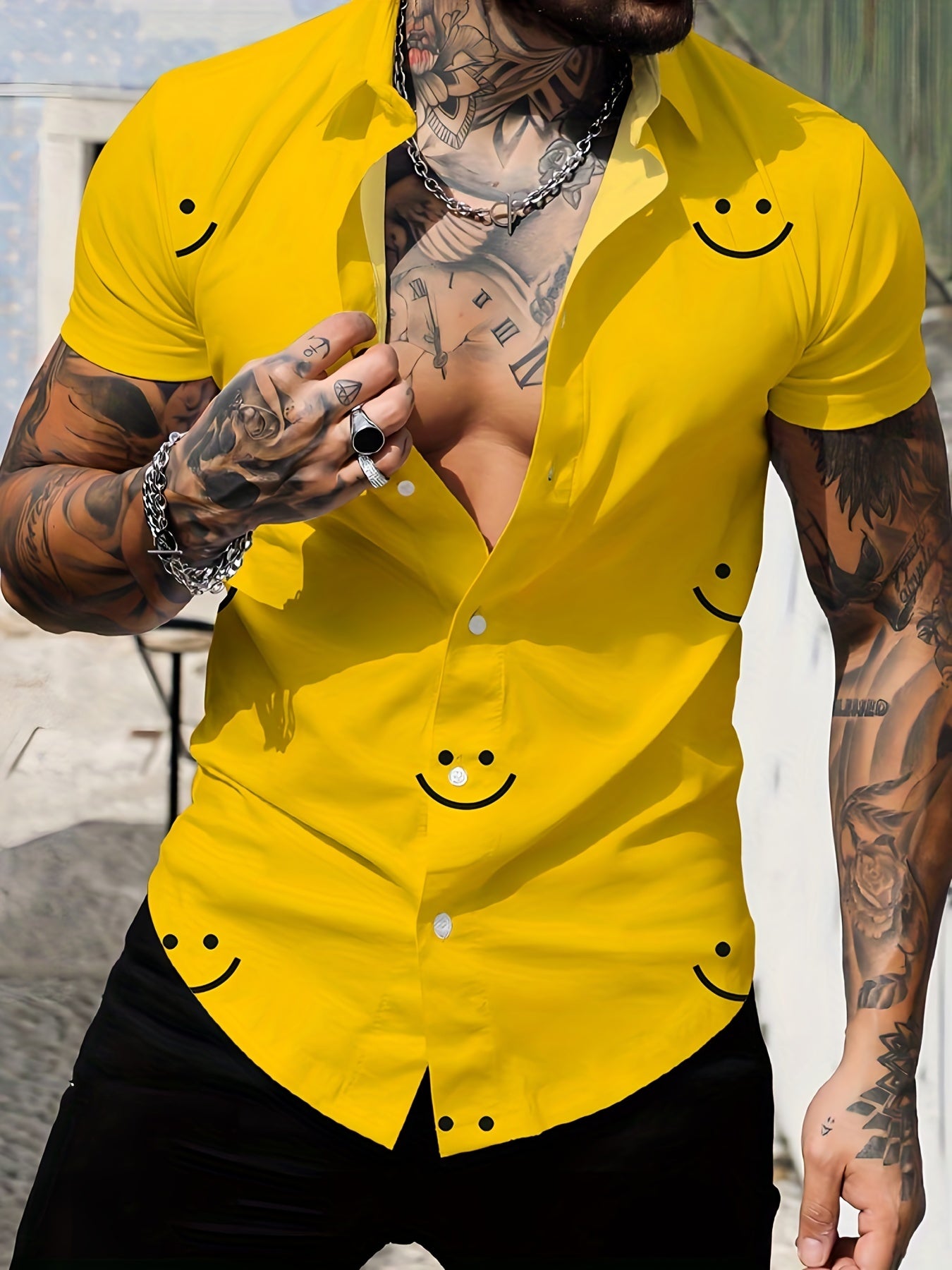 Men's Smile Face 3D Print Fashion Short Sleeve V-neck Button Down Shirts, Men's Summer Clothes, Casual Graphic Tops, Men's Novelty Pajamas Tops