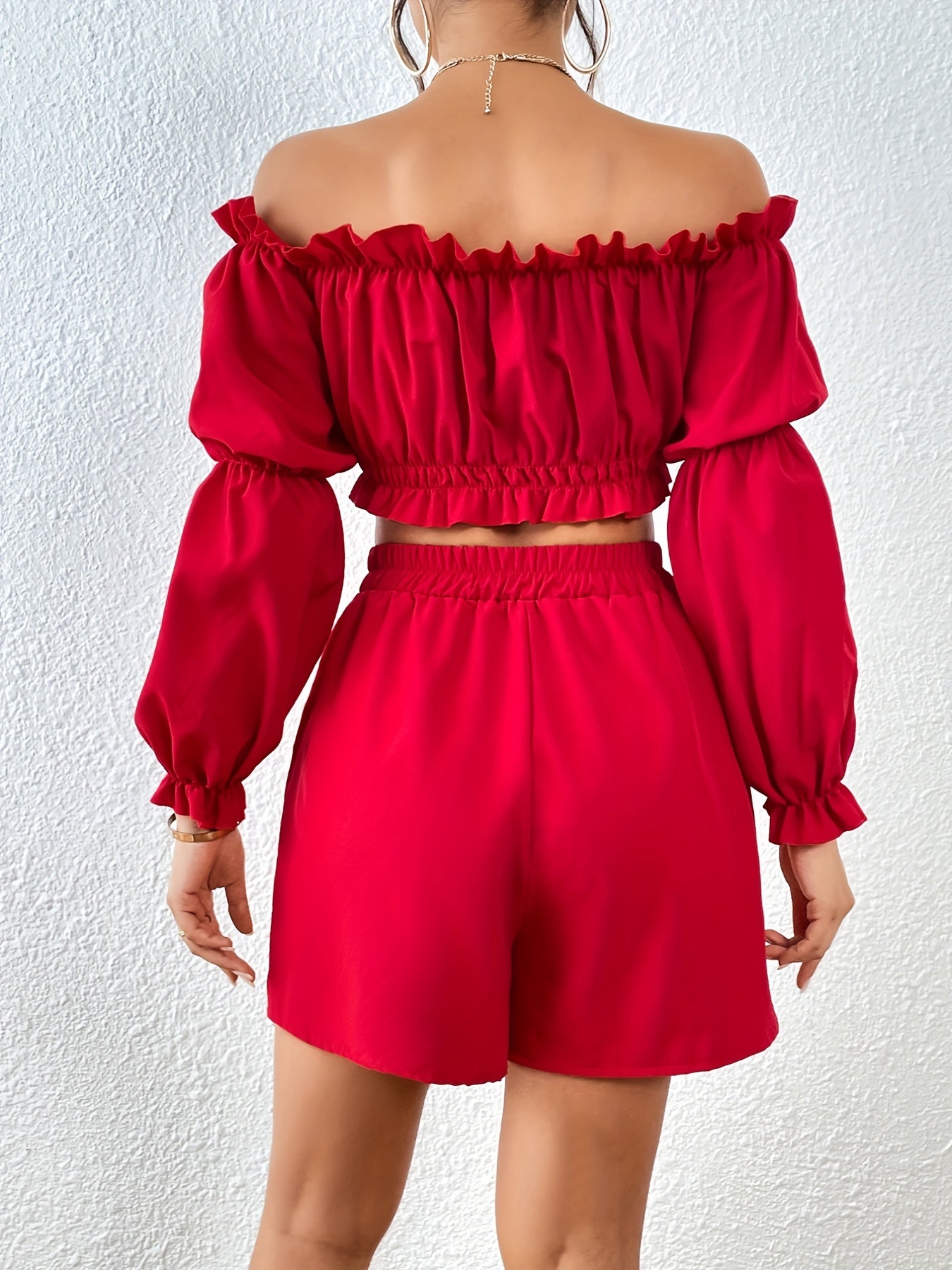 Romantic Solid Two-piece Set, Off Shoulder Crop Top & Elastic High Waist Shorts Outfits, Women's Clothing