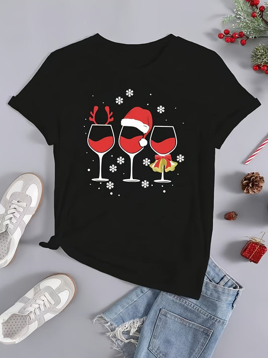 Christmas Wine & Snowflake Print T-Shirt, Cute Crew Neck Short Sleeve T-Shirt, Women's Clothing