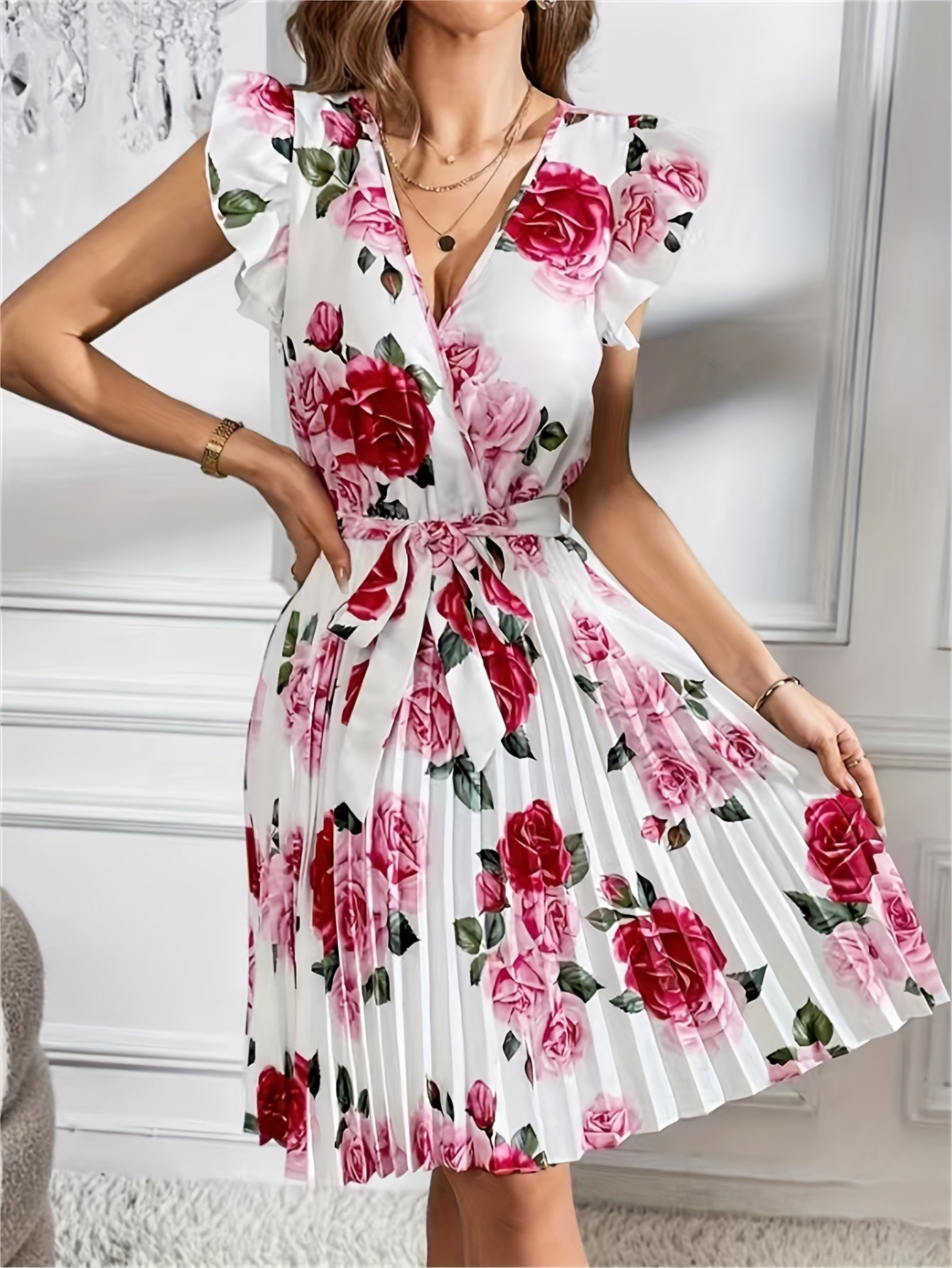 Floral Print Pleated Hem Dress, Elegant Belted Flutter Sleeve Dress, Women's Clothing