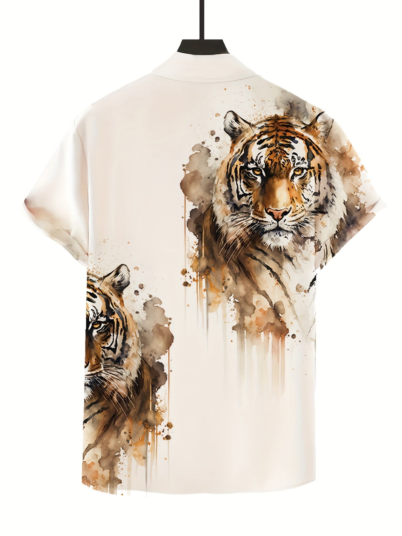 Painting Tiger Pattern Men's Vintage Short Sleeve Button Down Shirt, Men's Leisurewear For Summer Holiday