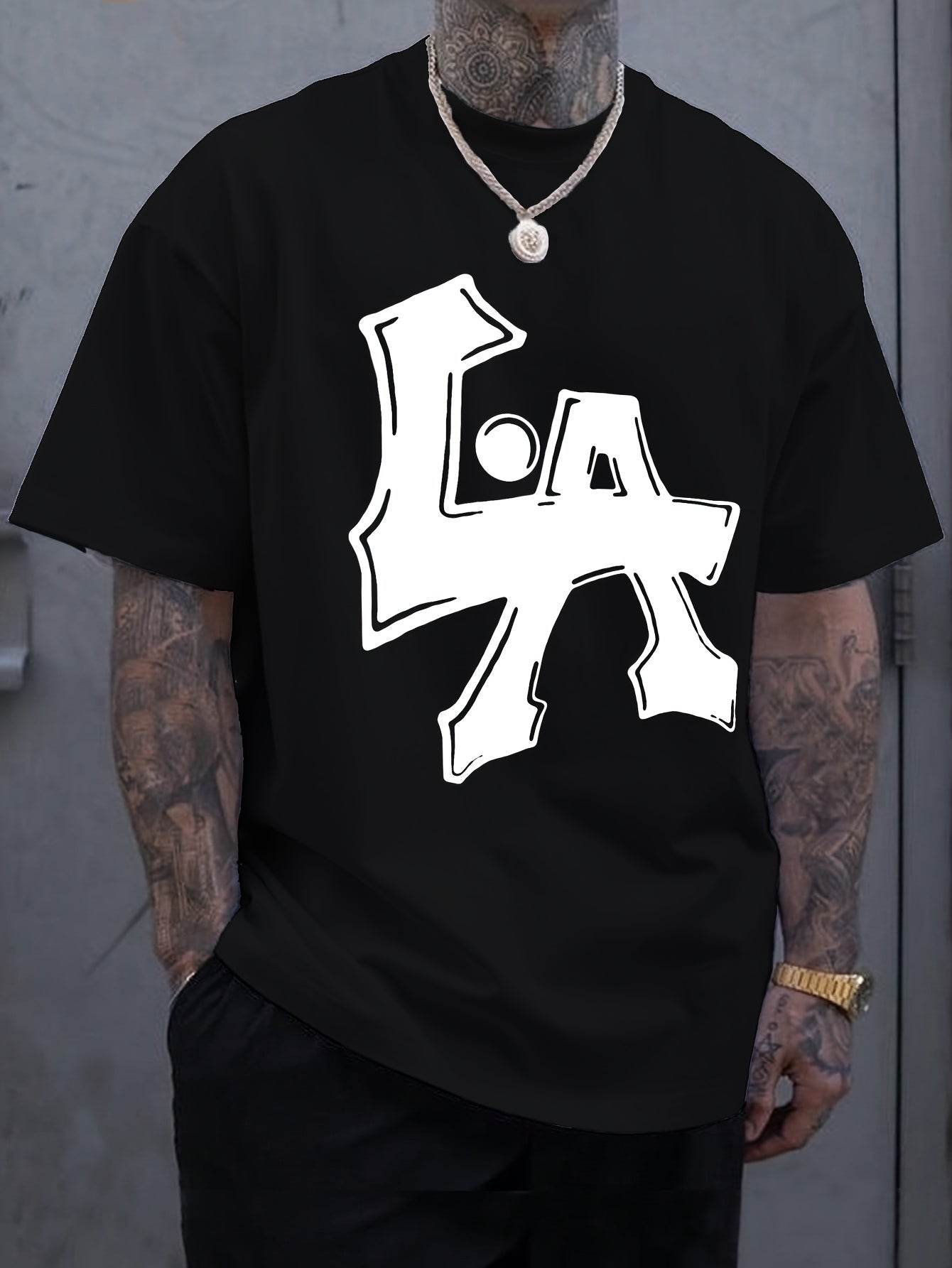 Men's Los Angeles Print Short Sleeve T-Shirts, Comfy Casual Elastic Crew Neck Tops, Men's Clothing