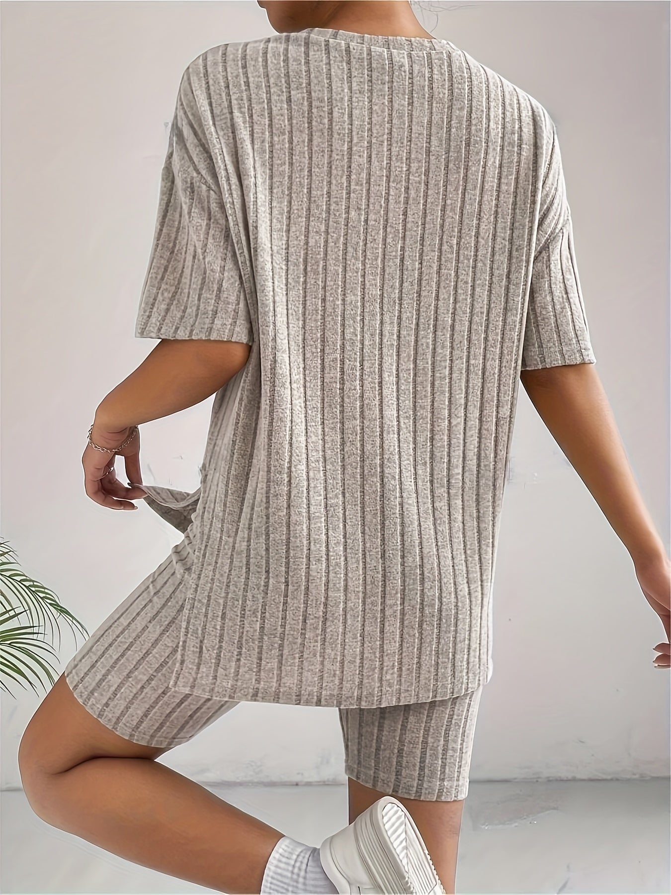 Casual Ribbed Shorts Set, Crew Neck Drop Shoulder Split T-shirt & Cropped Skinny Leggings, Women's Clothing