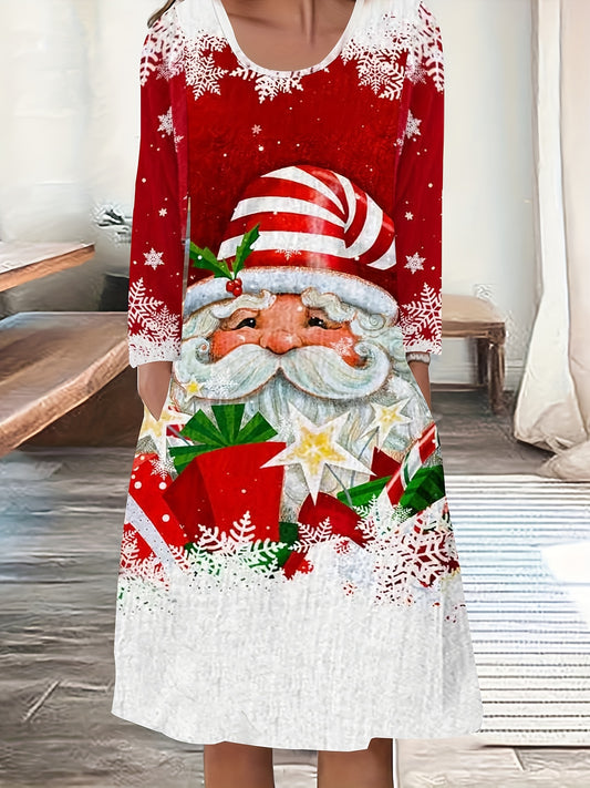 Plus Size Christmas Dress, Women's Plus Santa Claus Print Long Sleeve Round Neck Knee Length Dress With Pockets