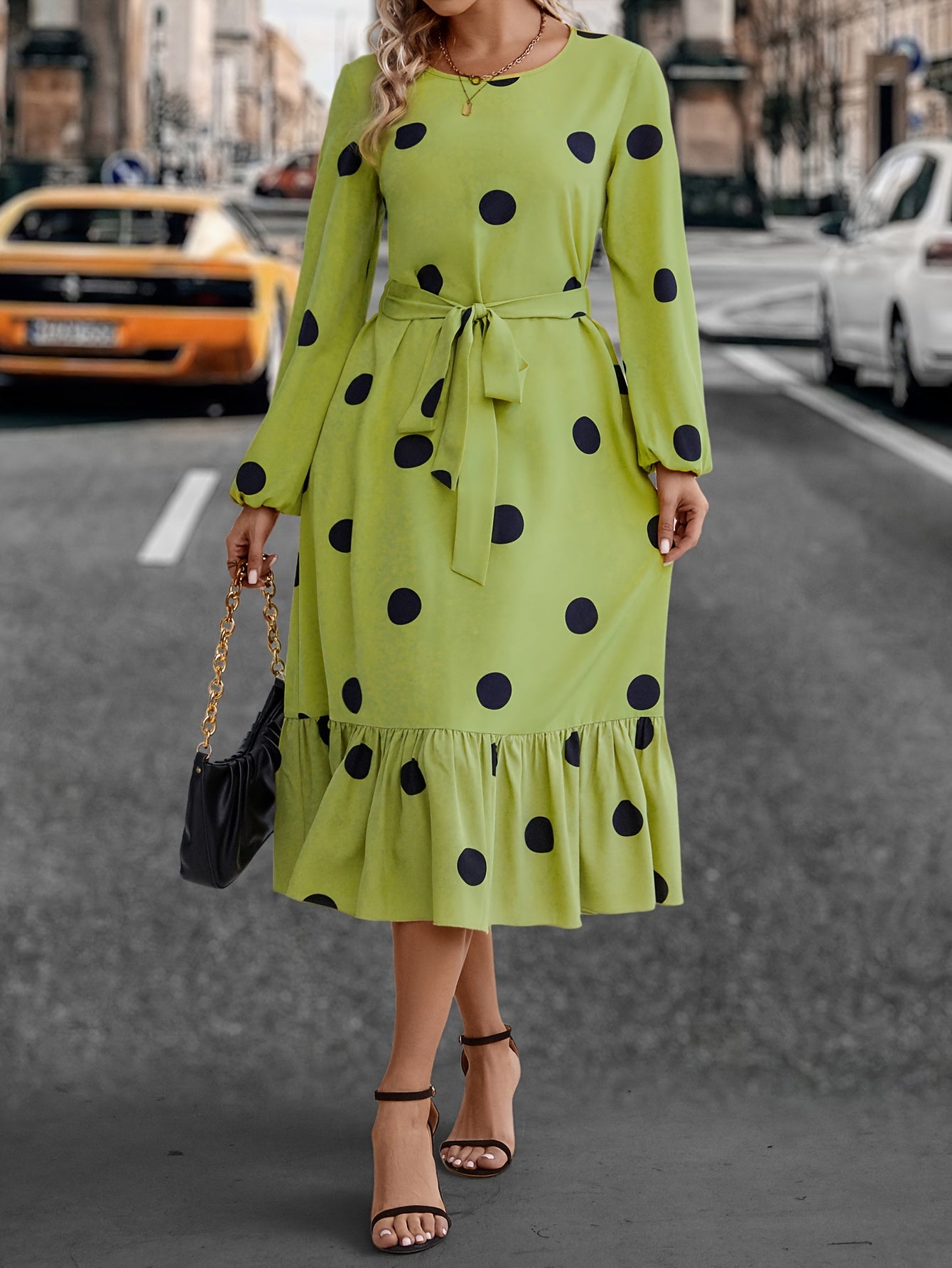 Plus Size elegant Dress, Women's Plus Dot Print Long Sleeve Round Neck Ruffle Trim Midi Dress With Belt