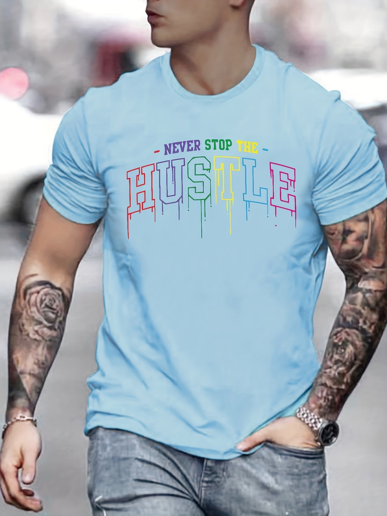 Hustle Print, Men's Graphic Design Crew Neck Niche T-shirt, Casual Comfy Tees Tshirts For Summer, Men's Clothing Tops For Daily Vacation Resorts