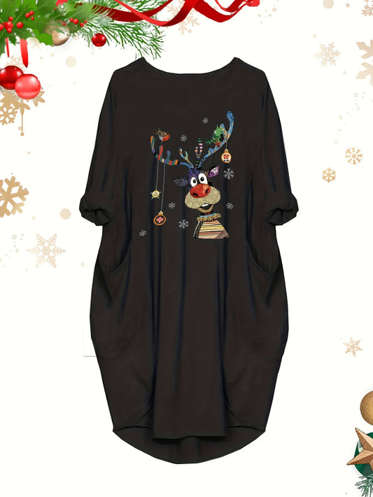 Plus Size Christmas Dress, Women's Plus Reindeer Print Long Sleeve Round Neck Loose Fit Baggy Dress