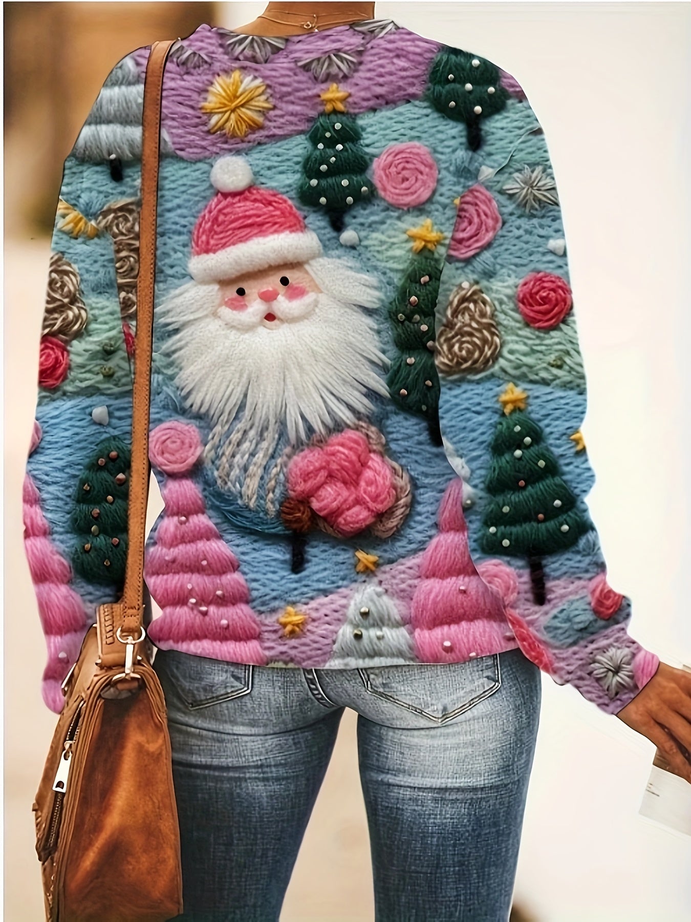 Christmas Tree & Santa Pattern T-Shirt, Casual Crew Neck Long Sleeve Top, Women's Clothing
