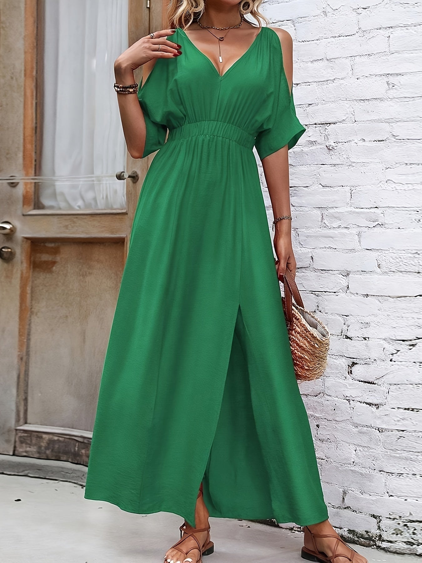 Cold Shoulder Split Dress, Elegant V Neck Dress For Spring & Summer, Women's Clothing