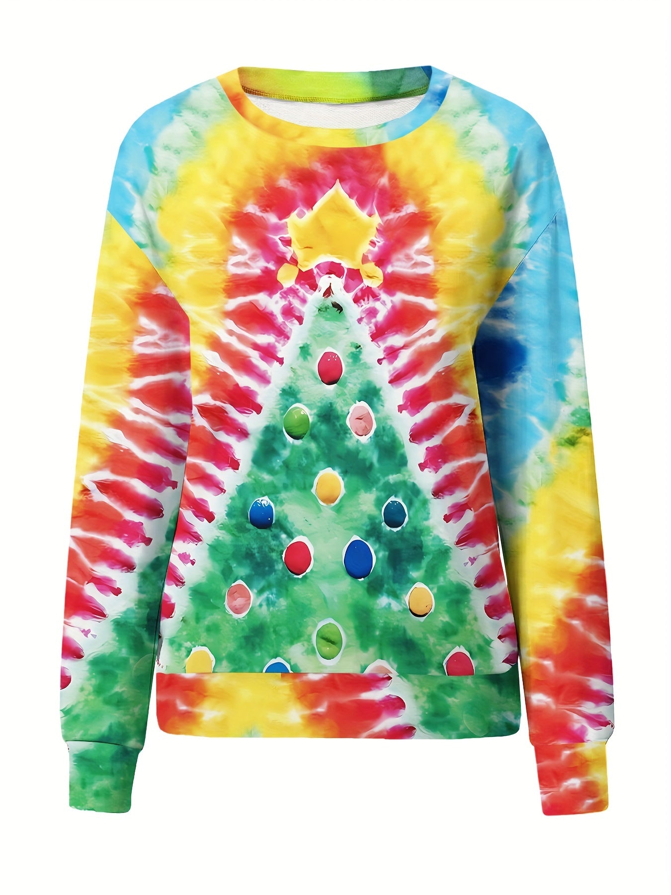 Christmas Tree Print Tie Dye Pullover Sweatshirt, Casual Long Sleeve Crew Neck Sweatshirt For Fall & Winter, Women's Clothing