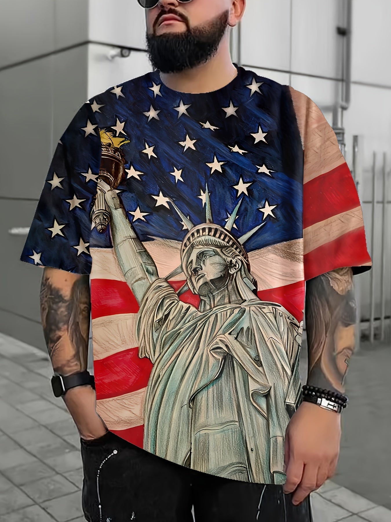 Plus Size Men's Statue Of Liberty & US Flag Print T-shirt Short Sleeve Tees, Summer, Men's Clothing