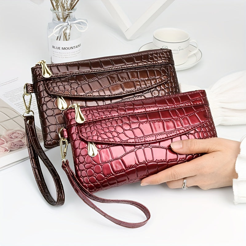 Fashion Crocodile Pattern Clutch, Trendy Credit Card Holder, Women's Stylish Wristlet & Wallet