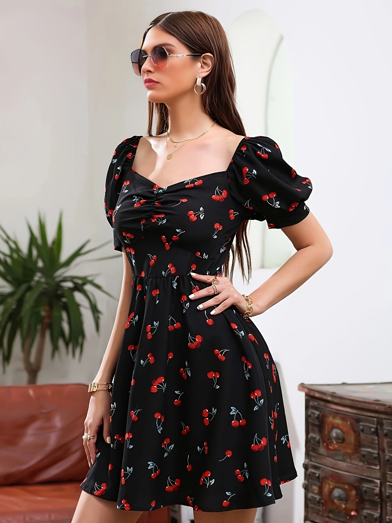 Cherry Print A-line Dress, Elegant Short Sleeve Dress For Spring & Summer, Women's Clothing