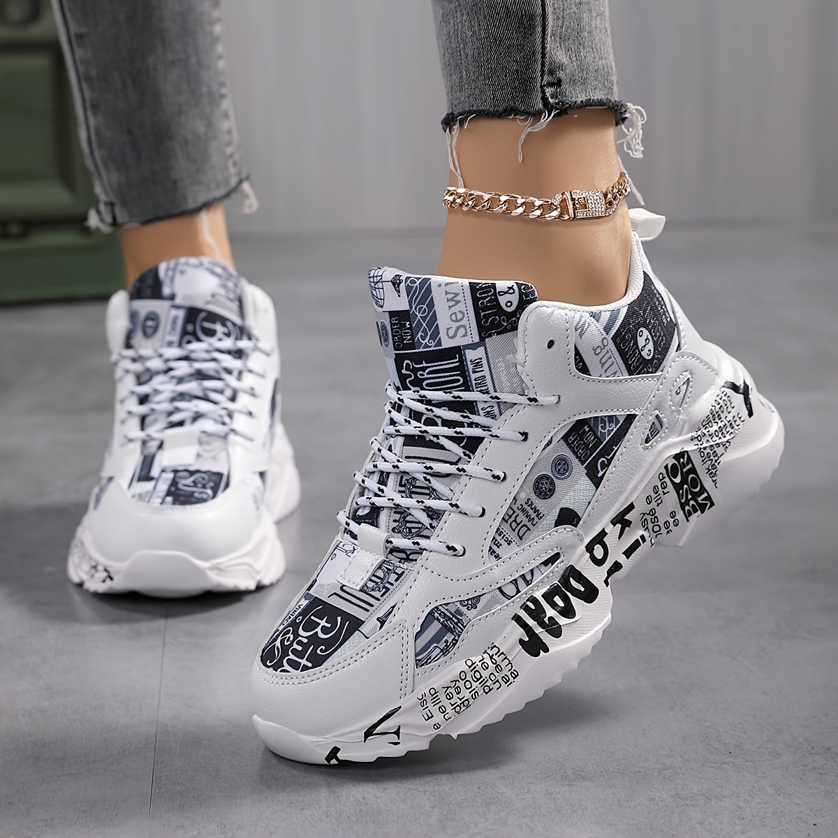 Trendy Graffiti Print Faux Leather Heighten Chunky Sneakers, Wear Resistance Non Slip Shock Absorption Sneakers, Casual Versatile Outdoor Sports Running Shoes Dad Shoes For Women & Men