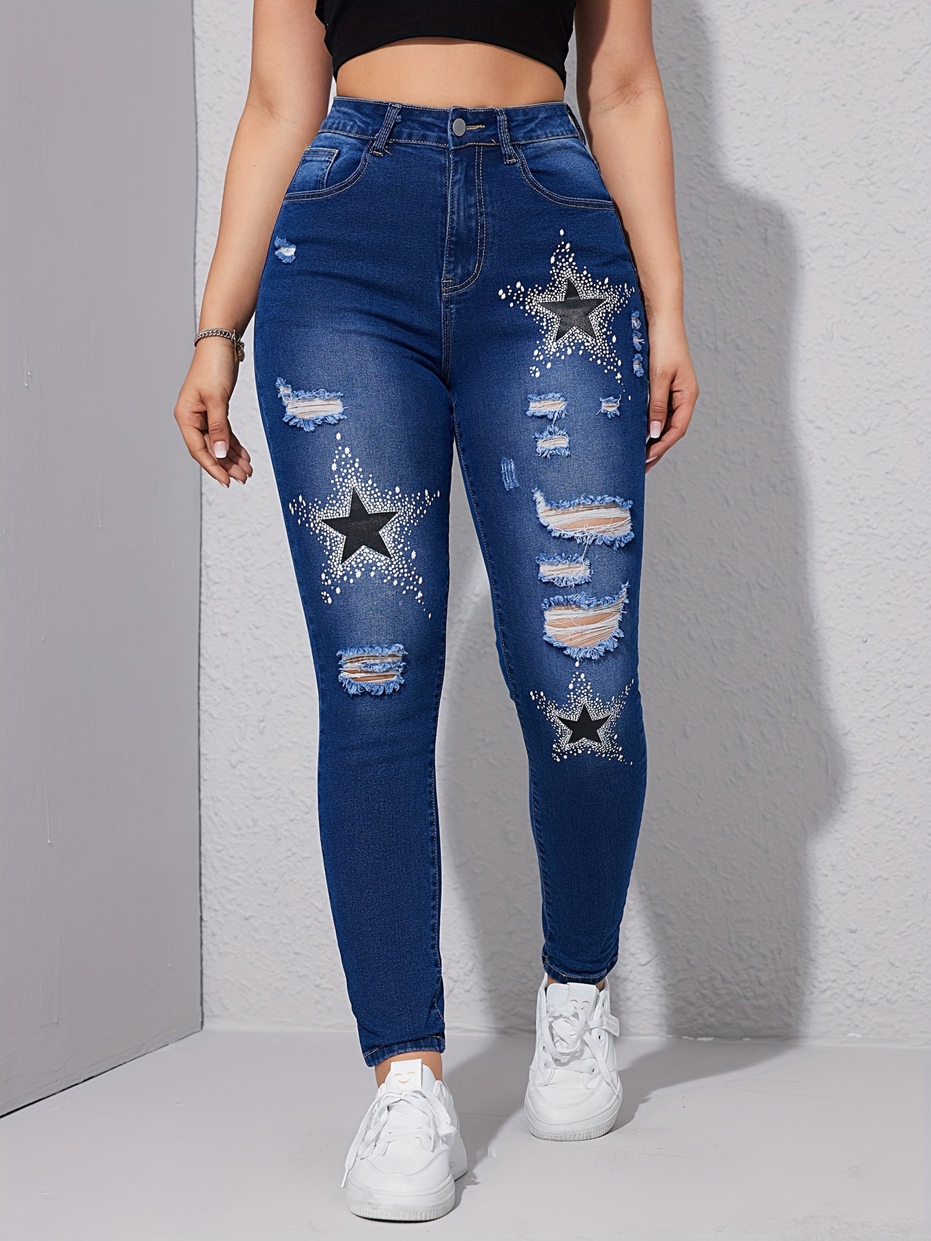 Star Pattern Ripped Holes Skinny Jeans, Stretchy Streetwear Denim Pants, Women's Denim Jeans & Clothing - Perfect For Carnaval Music Festival