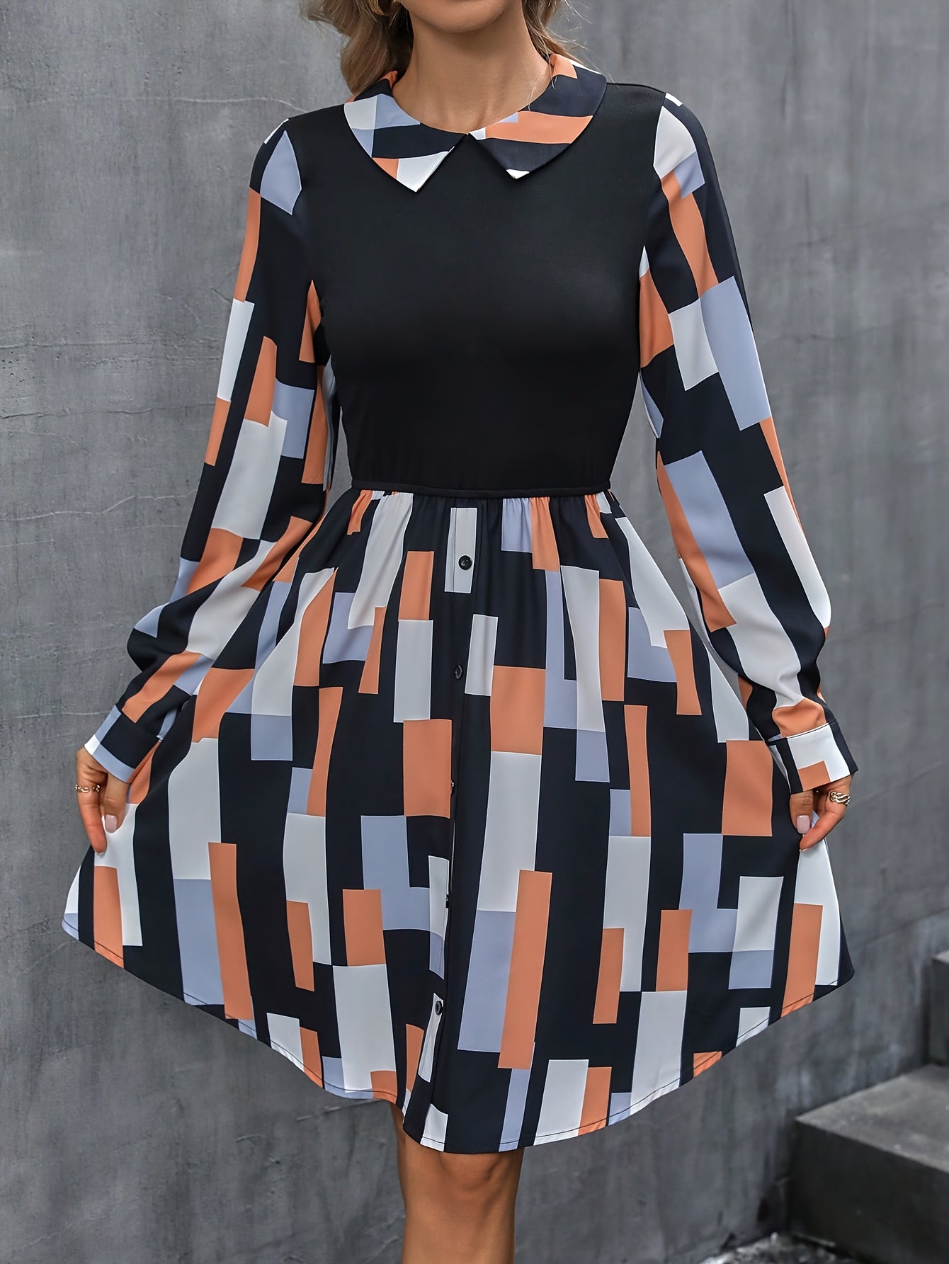 Geo Print Color Block Dress, Elegant Button Decorate Long Sleeve Dress, Women's Clothing