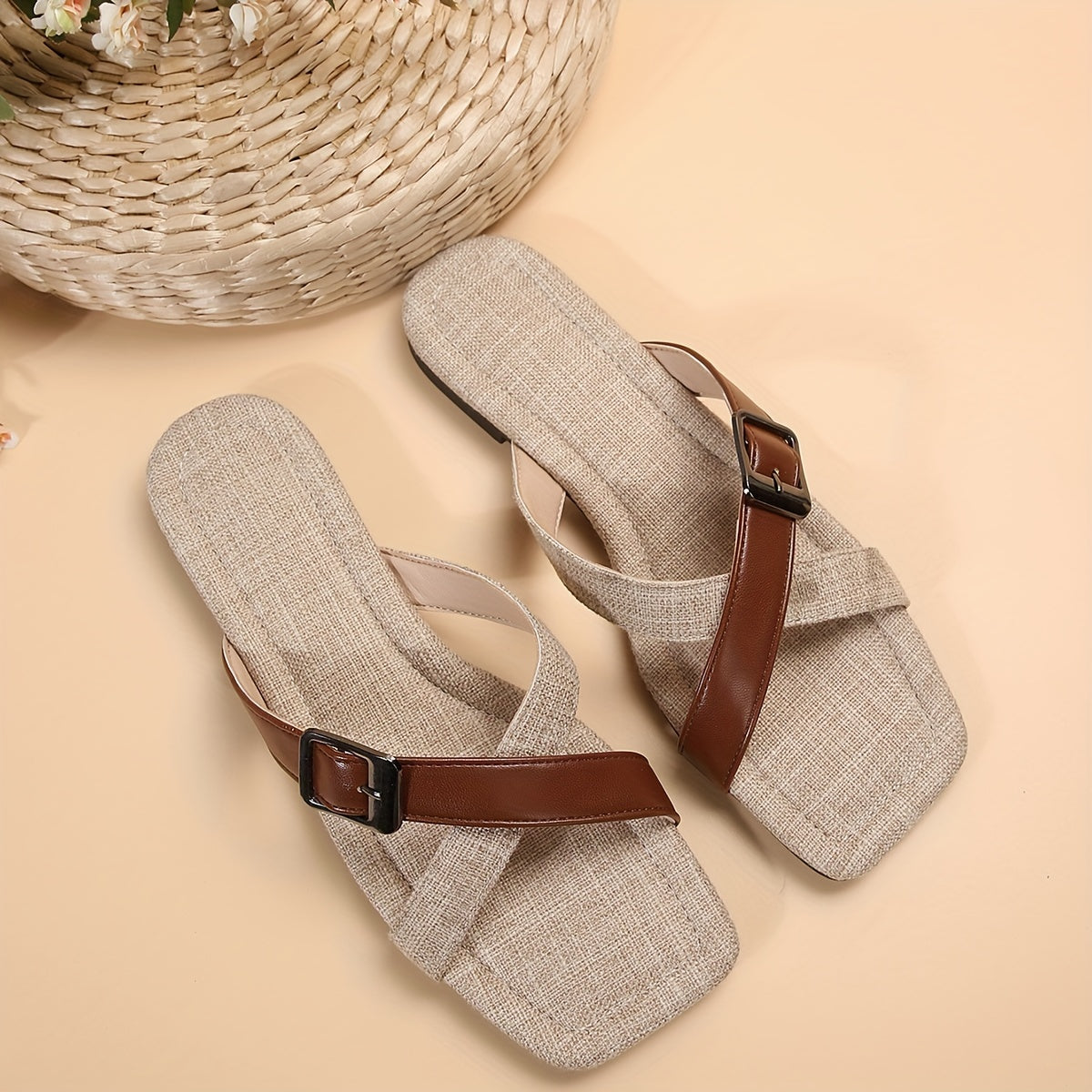 Women's Buckle Band Casual Slides, Slip On Lightweight Crisscross Bands Slides, Square Toe Beach Slides