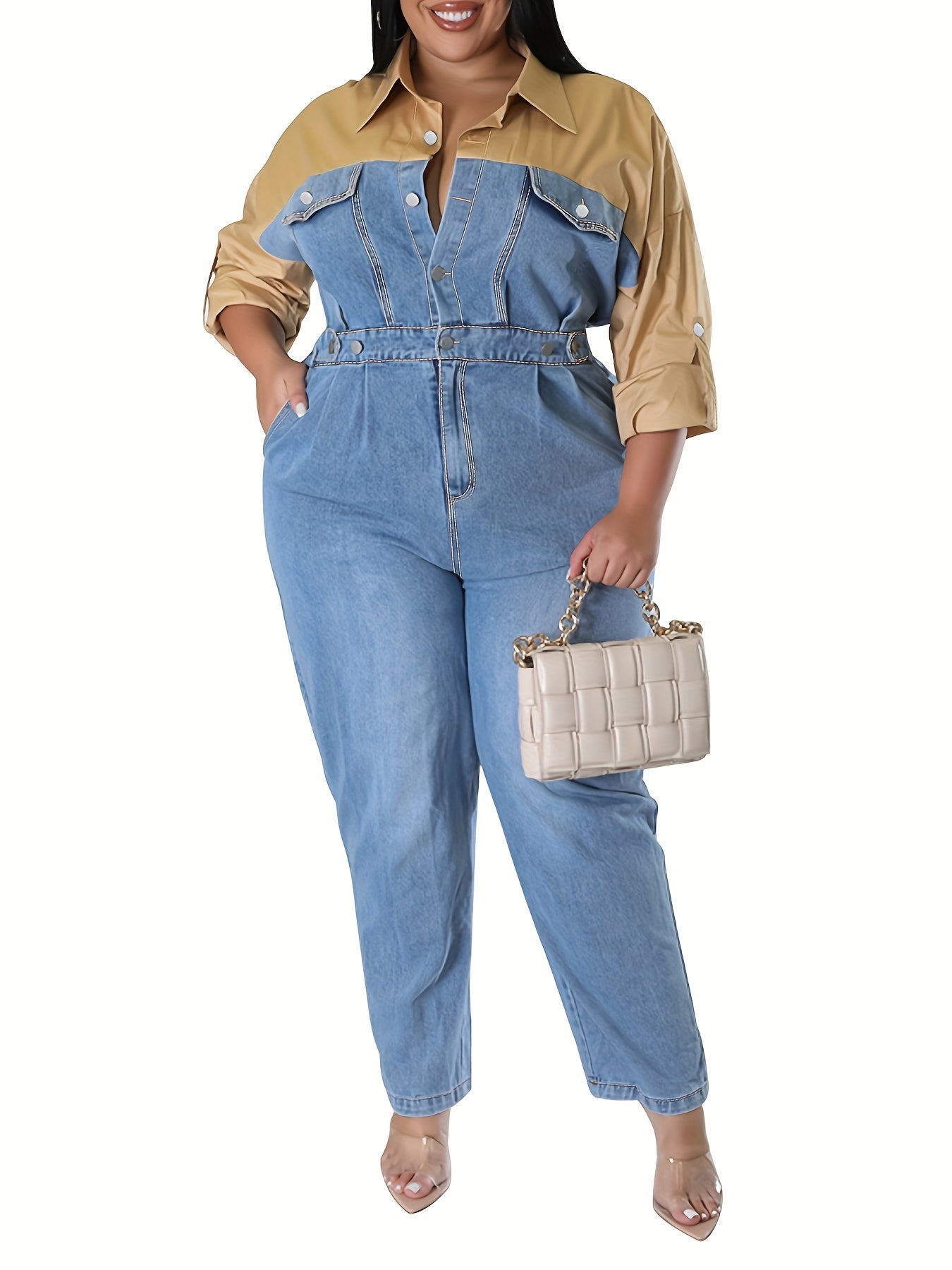 Plus Size Casual Jumpsuit, Women's Plus Colorblock Button Up Turn Down Collar Long Sleeve Nipped Waist Denim Jumpsuit