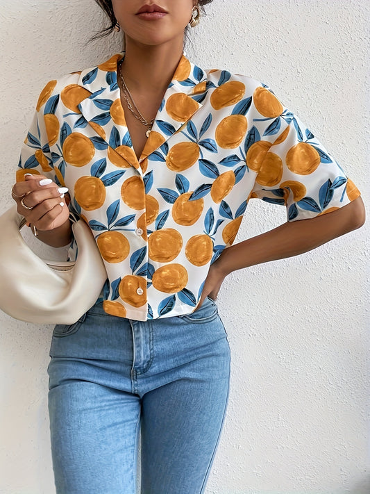 Fruit Print Button Crop Blouse, Casual Short Sleeve Blouse For Spring & Summer, Women's Clothing