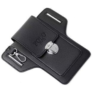 Black leather wallet with key holder and carabiner on a white background