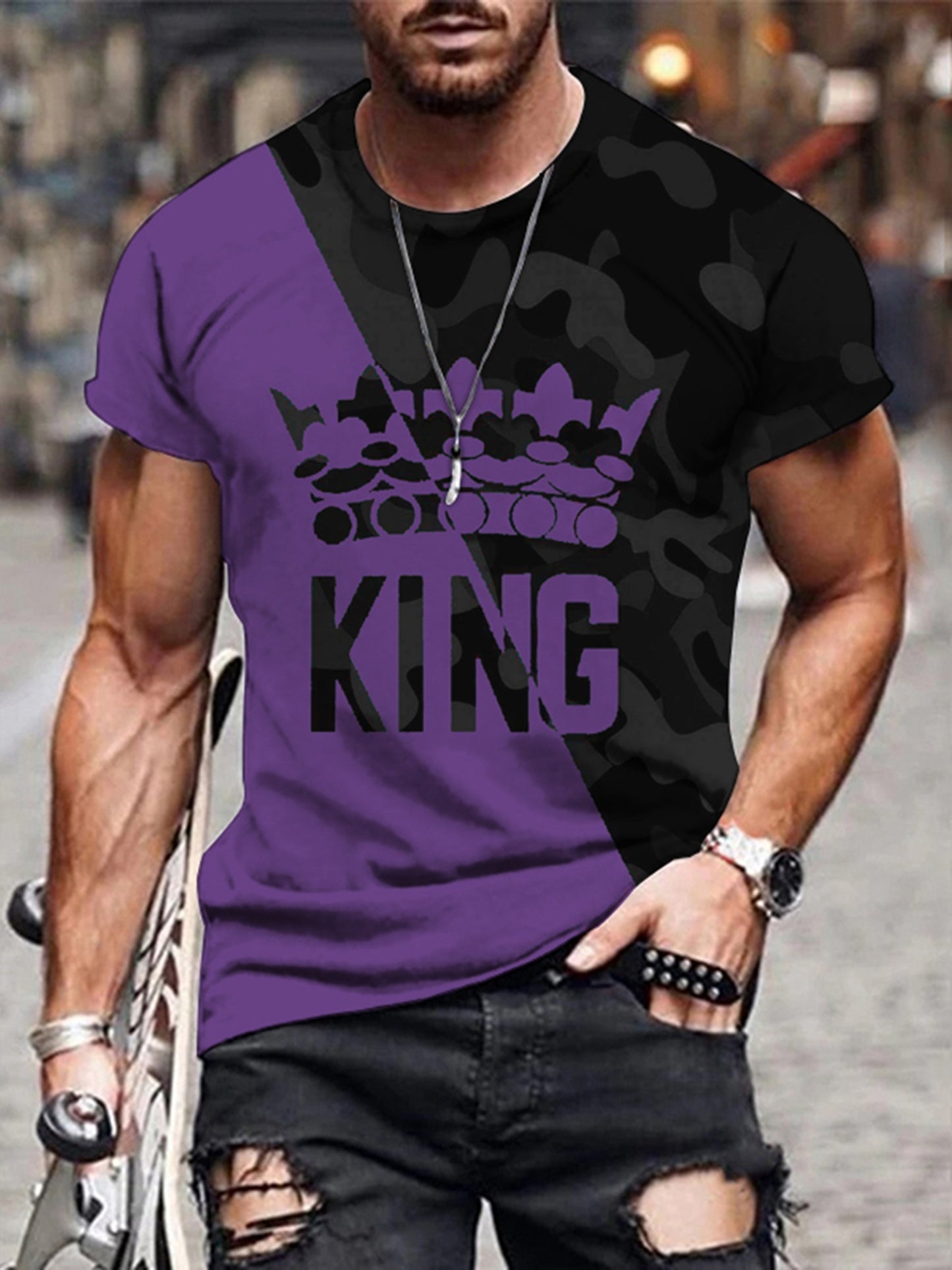 KING Crown Print, Men's Graphic T-shirt, Casual Comfy Tees For Summer, Mens Clothing