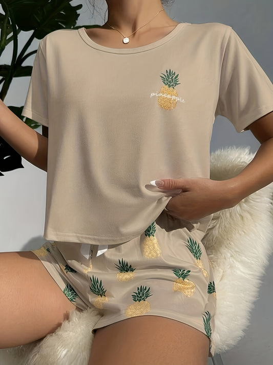 Pineapple Print Casual Two-piece Set, Crew Neck Short Sleeve Top & Shorts Outfits, Women's Clothing