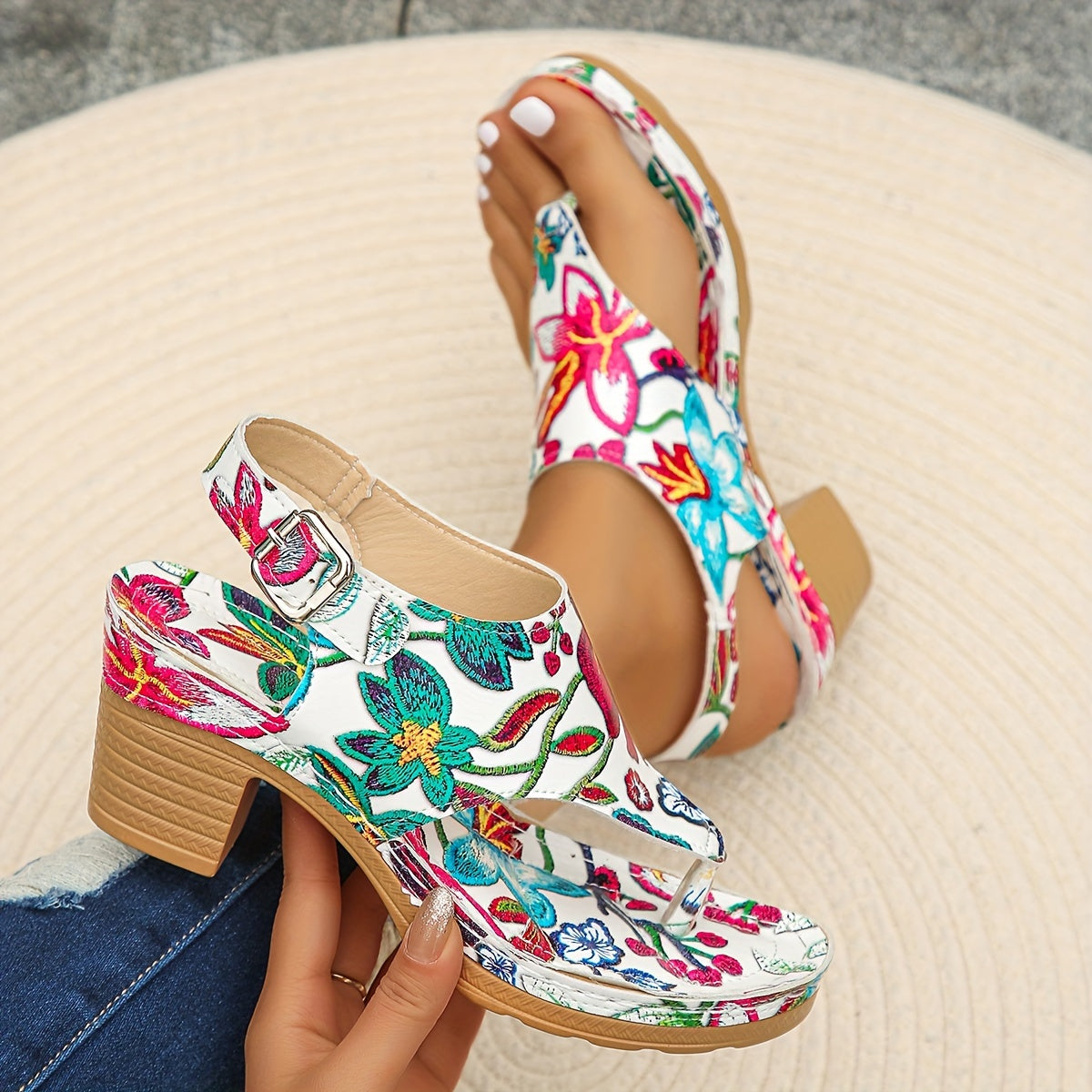 Women's Floral Print Thong Sandals, Fashion Ankle Strap Slingback Block Heels, All-Match Going Out Clip Toe Shoes