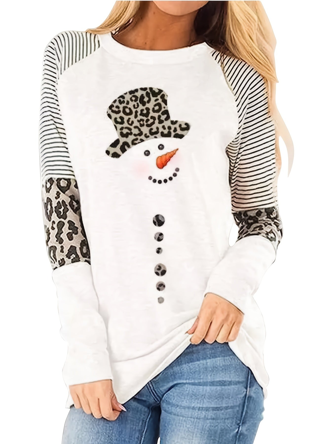Snowman Leopard Print Sweatshirt, Casual Crew Neck Long Sleeve Sweatshirt, Women's Clothing