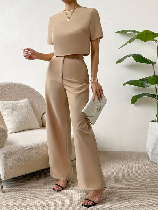 Elegant Simple Pants Set, Crew Neck Short Sleeve Crop T-shirt & Straight Leg High Waist Pants, Women's Clothing