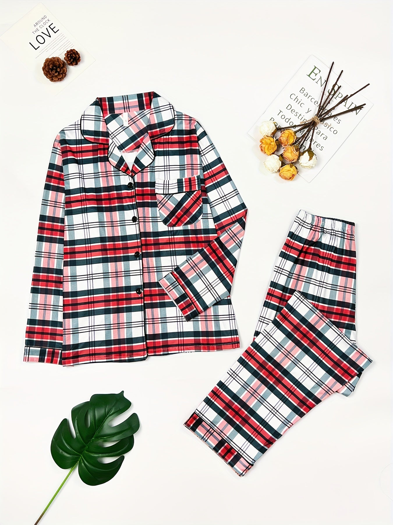 Christmas Plaid Print Pajama Set, Long Sleeve Buttons Top & Elastic Waistband Pants, Women's Sleepwear & Loungewear