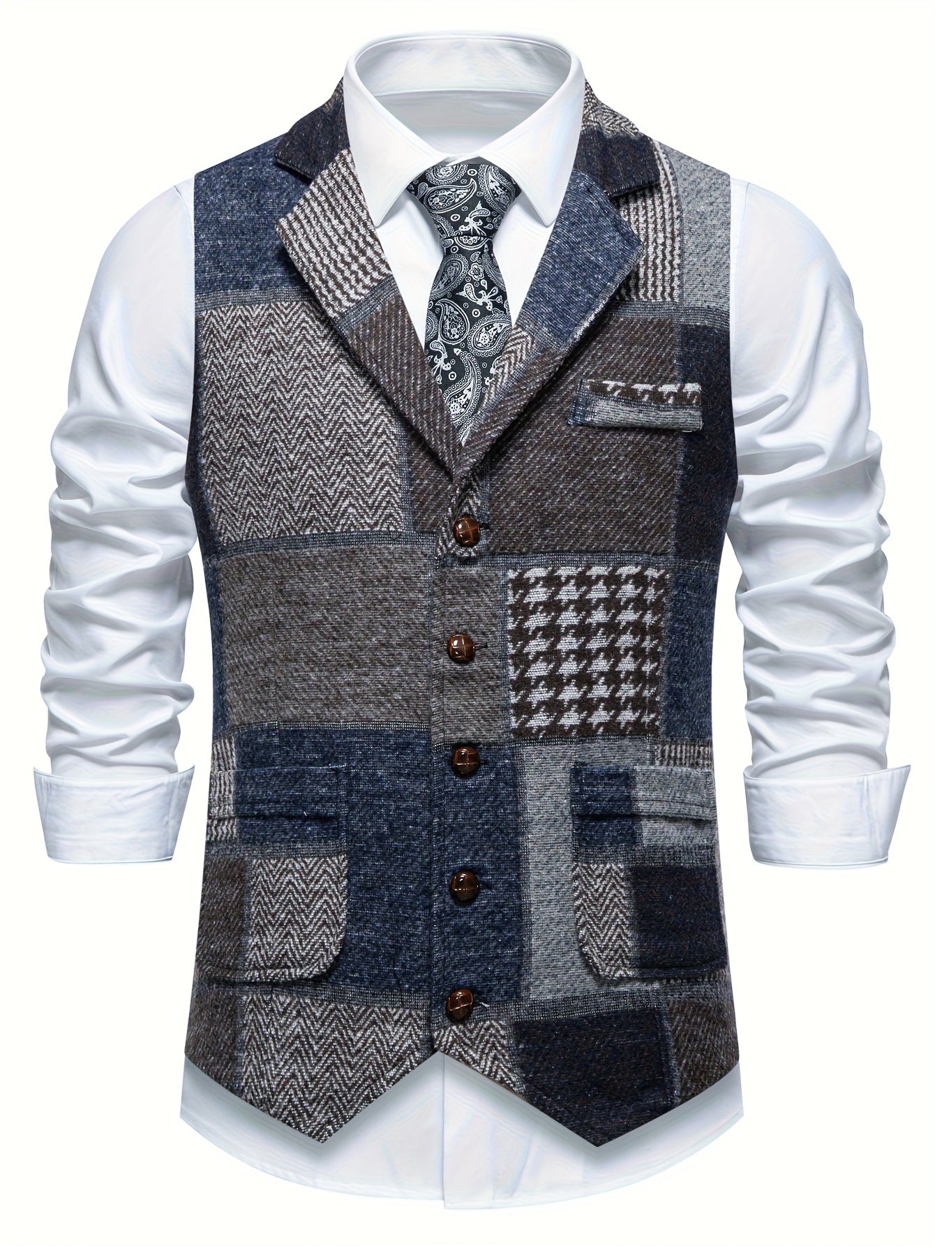 Gilet Tweed a Pied-de-poule e Spina di Pesce da Uomo - Gilet Giacca da Abito con Colletto a Lancia e Chiusura a Bottoni, Cappotto Lavabile in Lavatrice per Tutte le Stagioni, per Abbigliamento Casual e Formale, Grigio/Nero/Marrone/Beige, Compatibile con