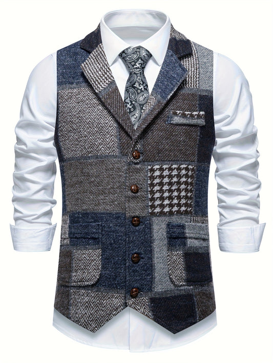 Gilet Tweed a Pied-de-poule e Spina di Pesce da Uomo - Gilet Giacca da Abito con Colletto a Lancia e Chiusura a Bottoni, Cappotto Lavabile in Lavatrice per Tutte le Stagioni, per Abbigliamento Casual e Formale, Grigio/Nero/Marrone/Beige, Compatibile con