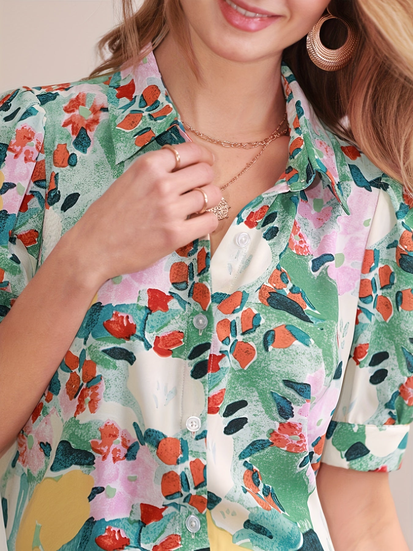 Floral Print Button Front Blouse, Casual Short Sleeve Blouse For Spring & Summer, Women's Clothing