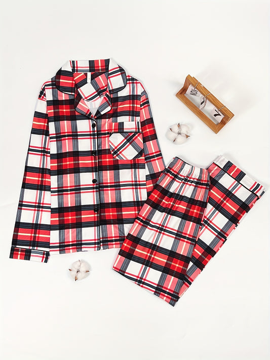 Christmas Plaid Print Pajama Set, Long Sleeve Buttons Top & Elastic Waistband Pants, Women's Sleepwear & Loungewear