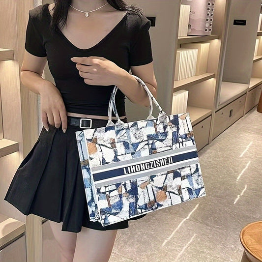 Felt Tote Bag For Women, Trendy Flower Pattern Handbag, Luxury Large Capacity Shoulder Bag Shopping Bag