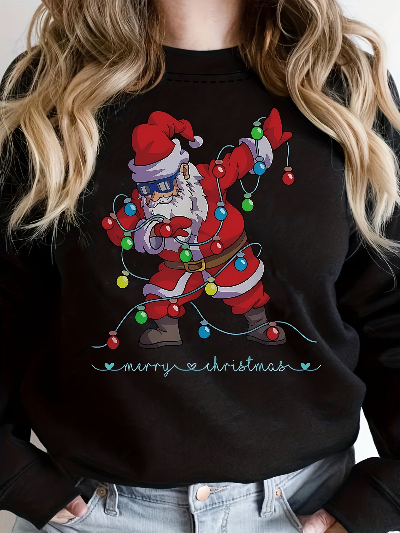 Christmas Santa Print Pullover Sweatshirt, Casual Long Sleeve Crew Neck Sweatshirt For Fall & Winter, Women's Clothing