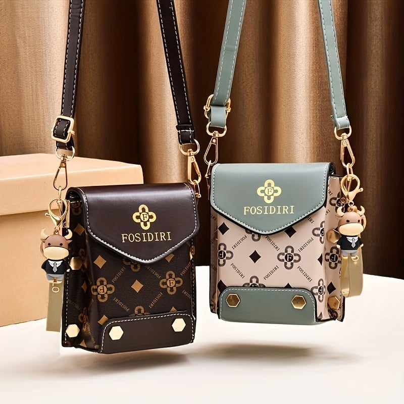 Mini Flap Crossbody Phone Bag, Letter Print Shoulder Bag, Women's Studded Decor Square Purse (4.7*6.7*3.7) Inch